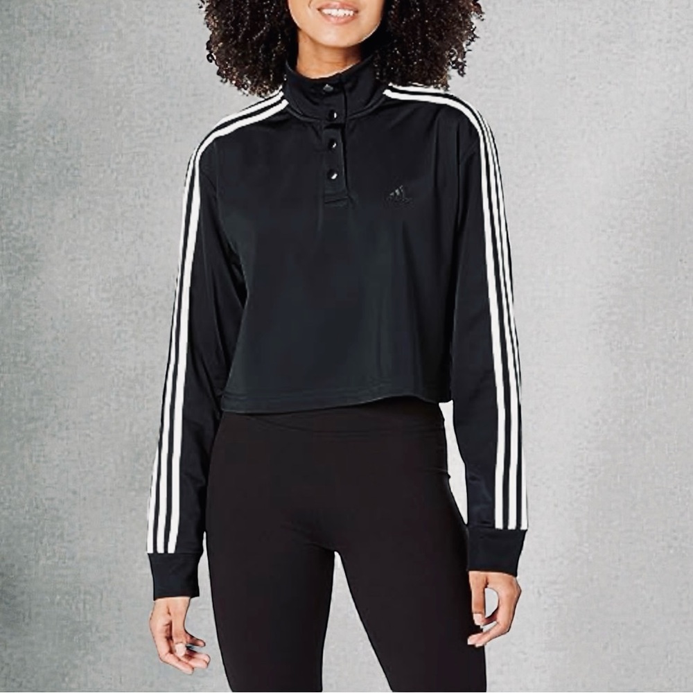 Adidas Black and White Cropped 1/4 Snap Pullover Tricot Jacket NWT Size Large - Picture 9 of 16